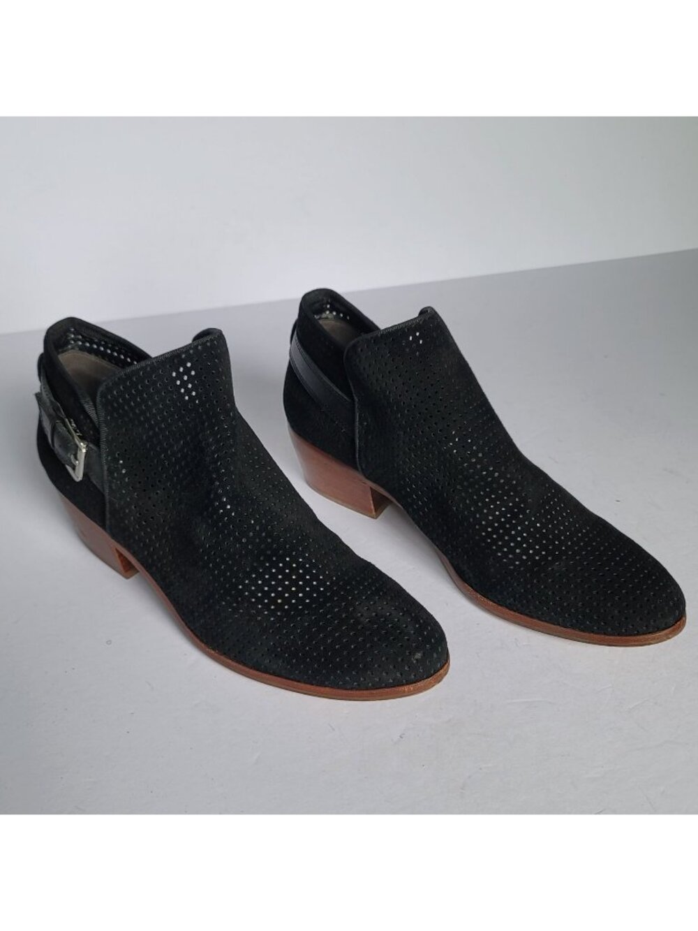 Sam Edelman Black Perforated Suede Ankle Buckle Cutout Low Heel Bootie. Sz 10